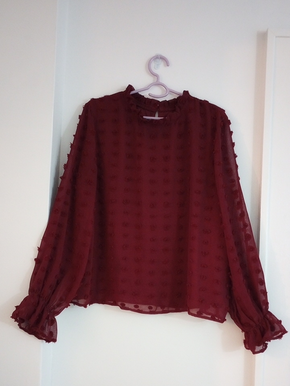 Boho Burgundy Maroon Textured Swiss Dot Ruffle Neck + Cuffs Blouse Size L